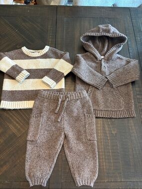 OshKosh B'gosh Brown and Cream Three-Piece Knit Hoodie Set